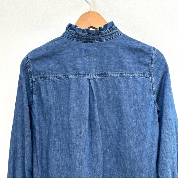 GAP Denim Ruffle Trim Popover Shirt Cottagecore Prairie Dark Indigo Blue XSP - Picture 9 of 12